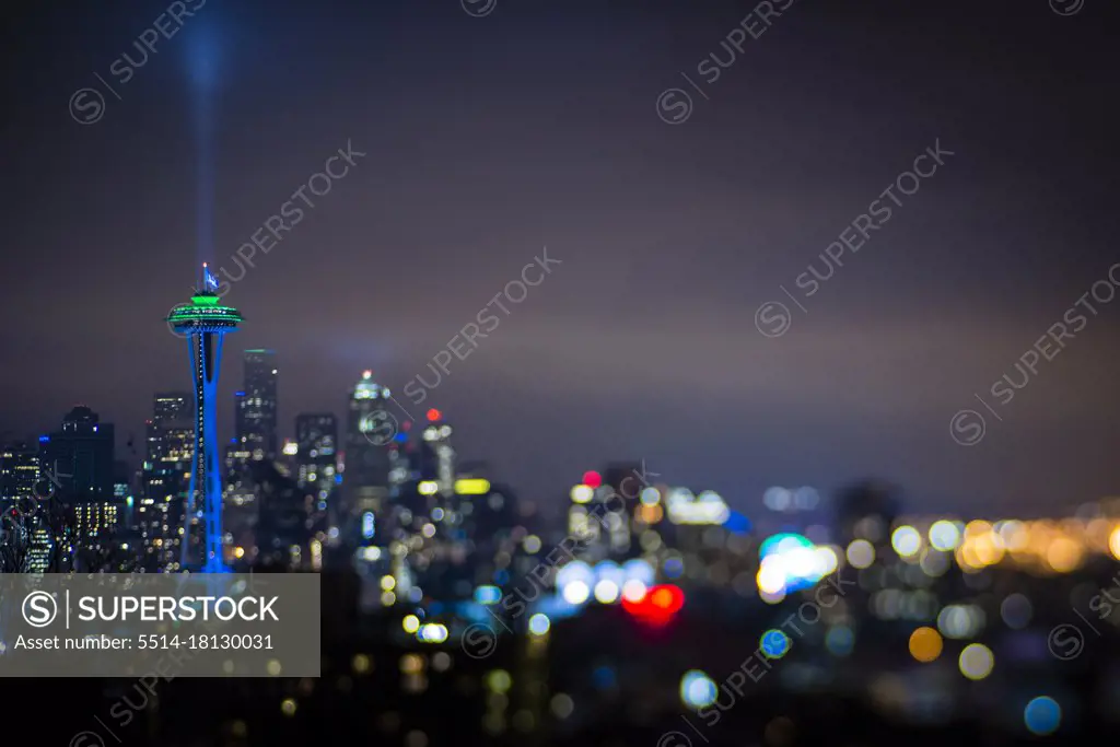 View of the Space Needle and Downtown Seattle Skylight at Night