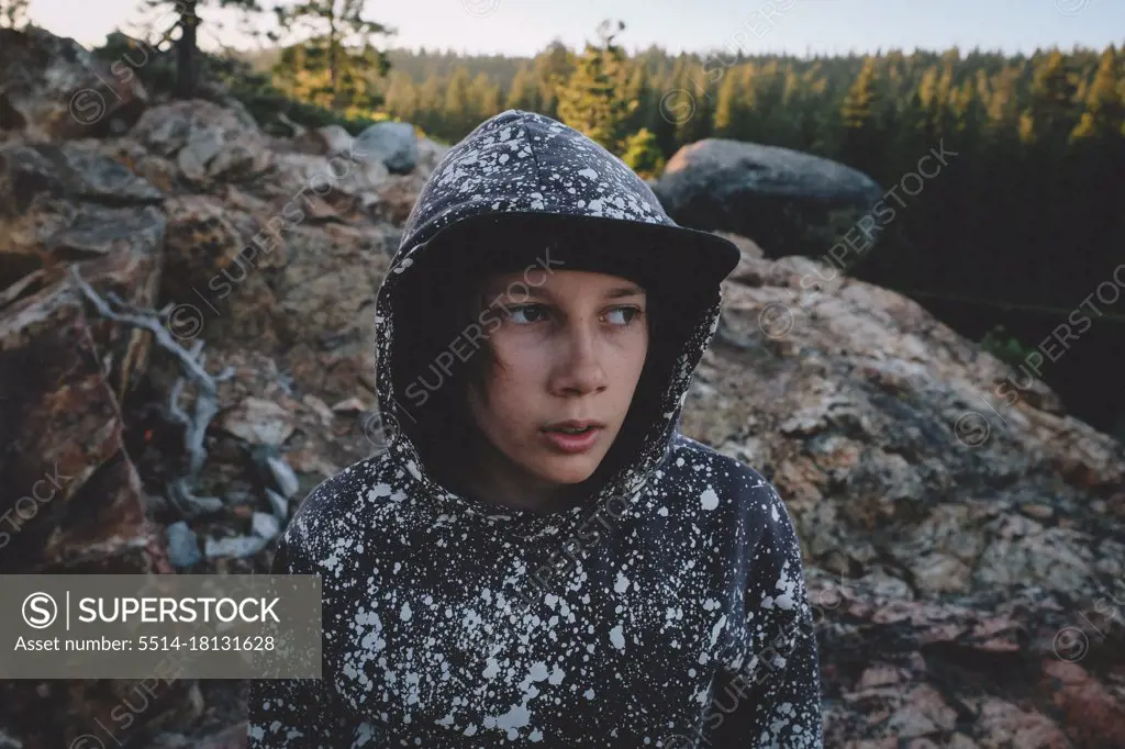 Boy in Paint Splattered Hoodie Hiking in the High Sierra