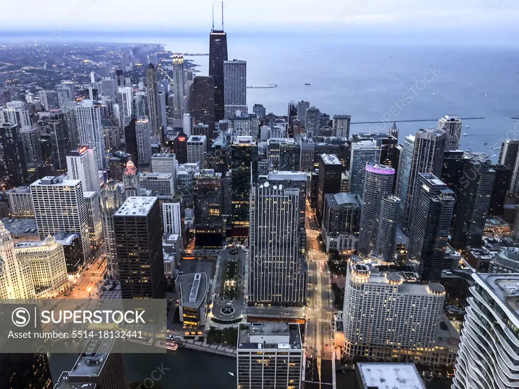 An overhead view of the the Chicago syline at twilight looking south.