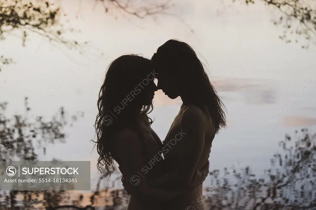 romantic pastel coloured silhouette of lesbian queer couple by lake