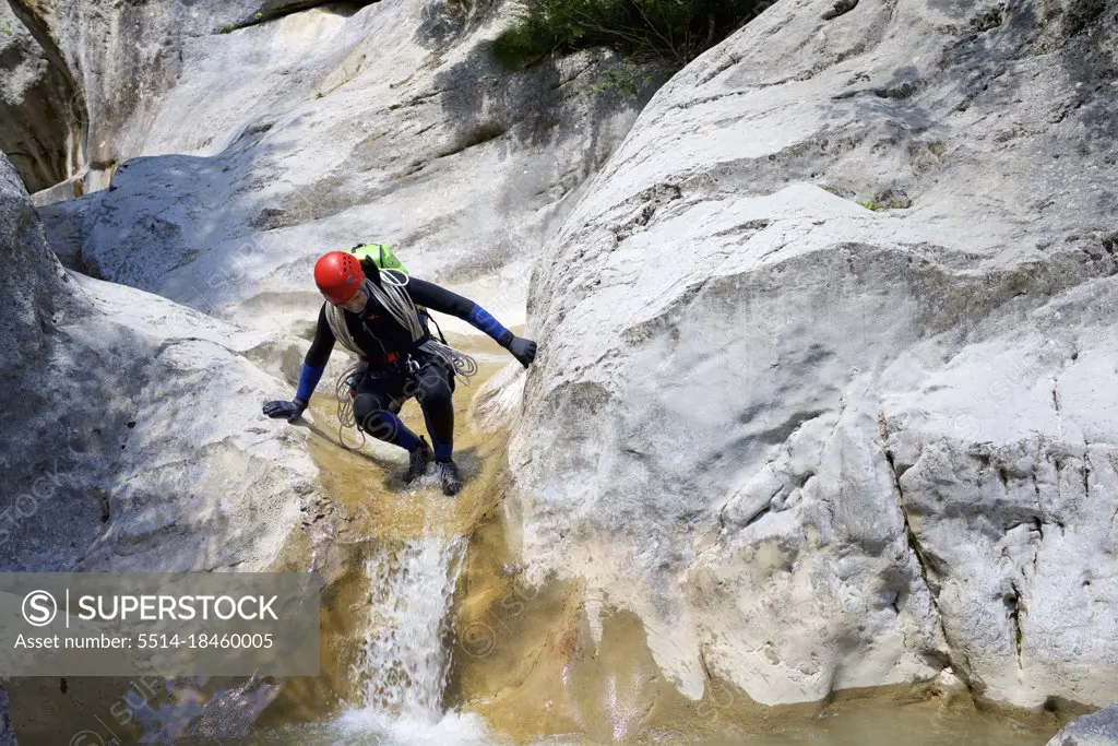 Canyoneering Aguare Canyon in the Pyrenees, Huesca Province in Spain.