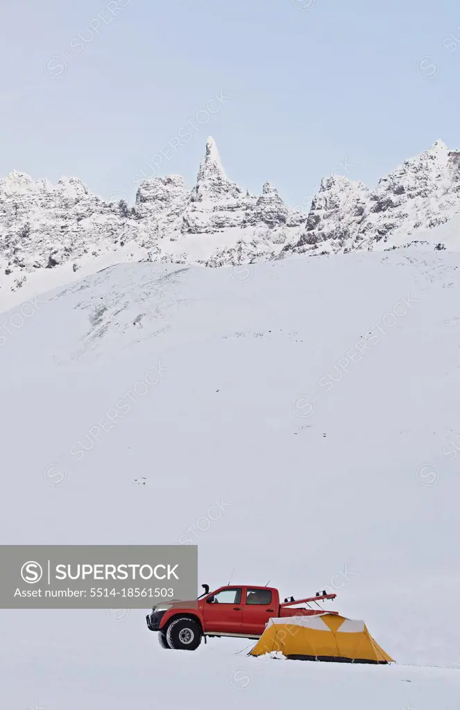 Winter camping on Oxnadalsheidi pass in North Iceland