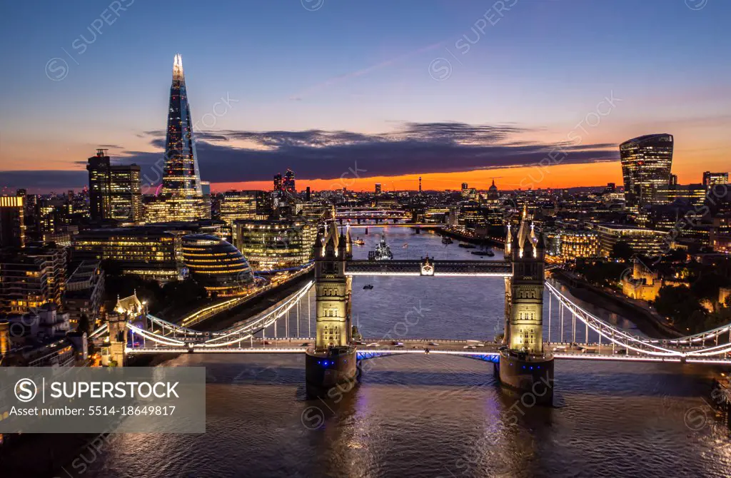 Aerial View of Tower Bridge with view over Thames River