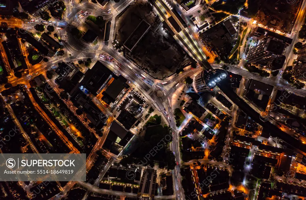 Birds eye view of buildings at Night in London