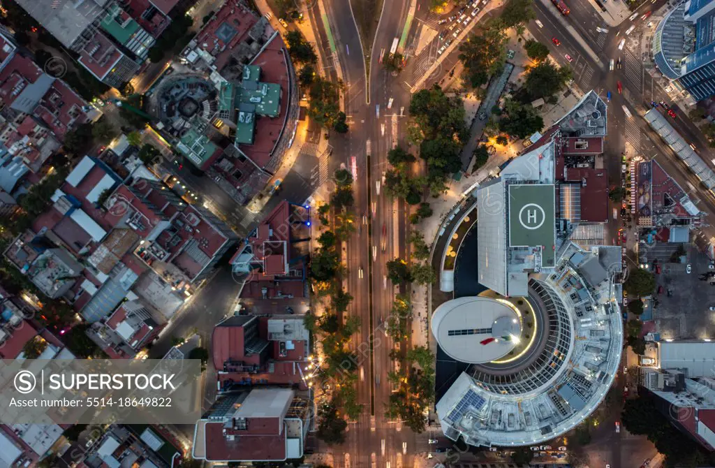 Birds eye view of busy street in Mexico City at dusk