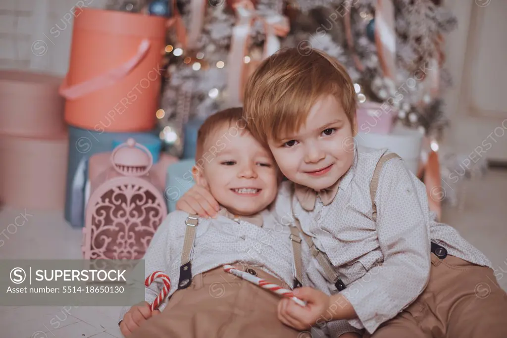 Cheerful cute children boys opening gifts under christmas tree.