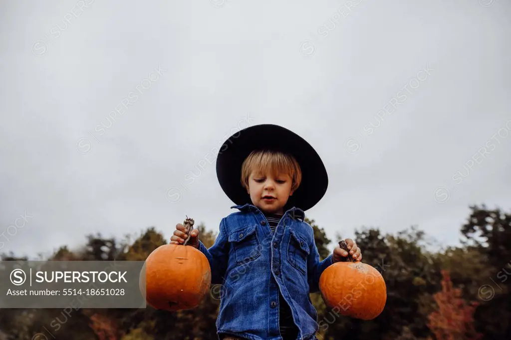 Boy wearing hat holding pumpkins in fall