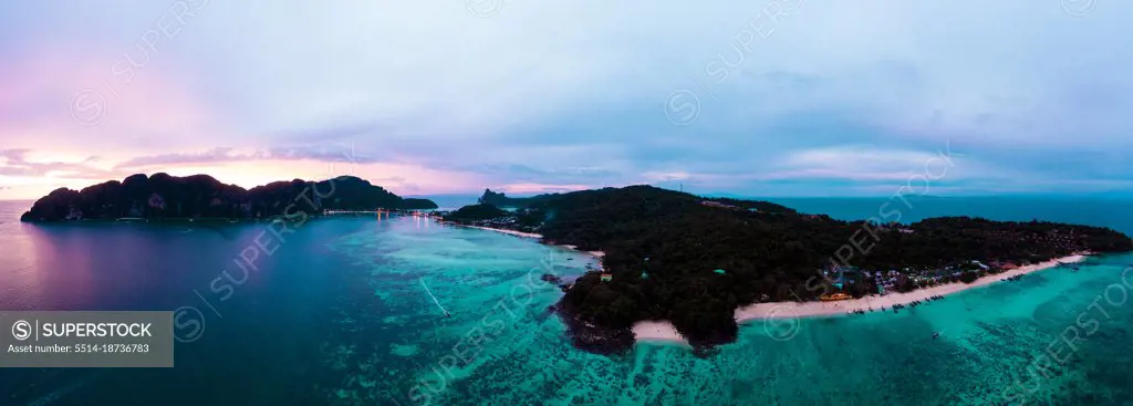 Aerial view of Phi Phi, Maya beach with blue turquoise seawater,