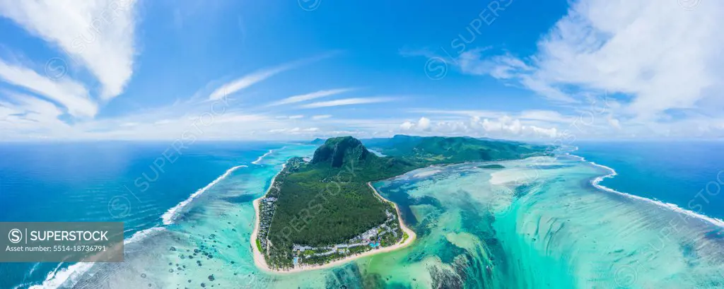 Aerial view of Mauritius island panorama and famous Le Morne Bra