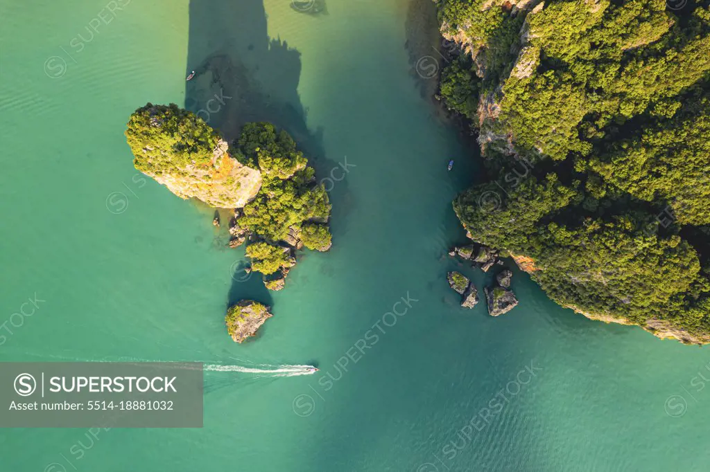 Aerial high angle view of the sandy coastline near Railay beach,