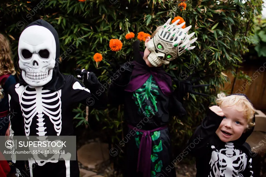 Three Boys in Costume Posing for Camera on Halloween in San Diego