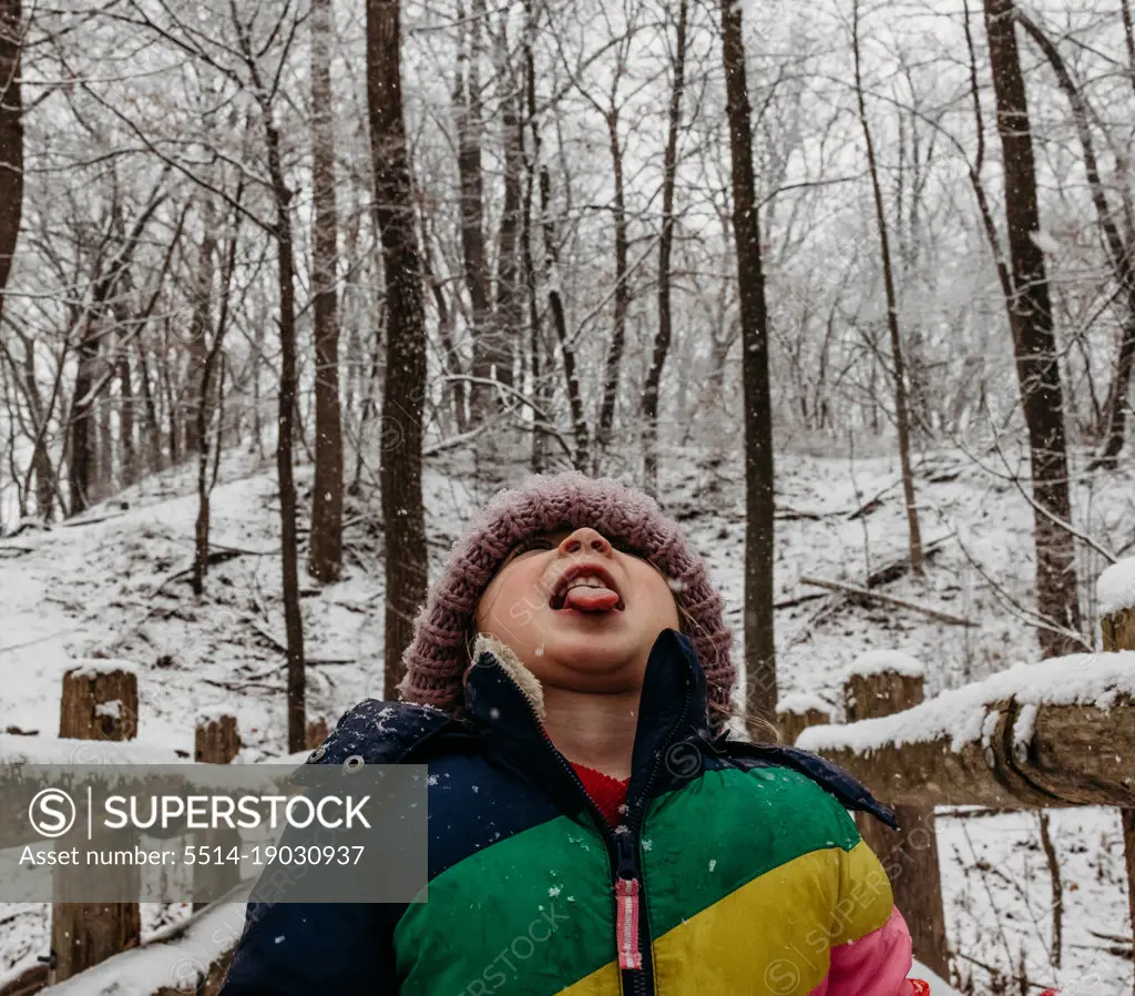 Kid catching snowflakes with tongue in the woods