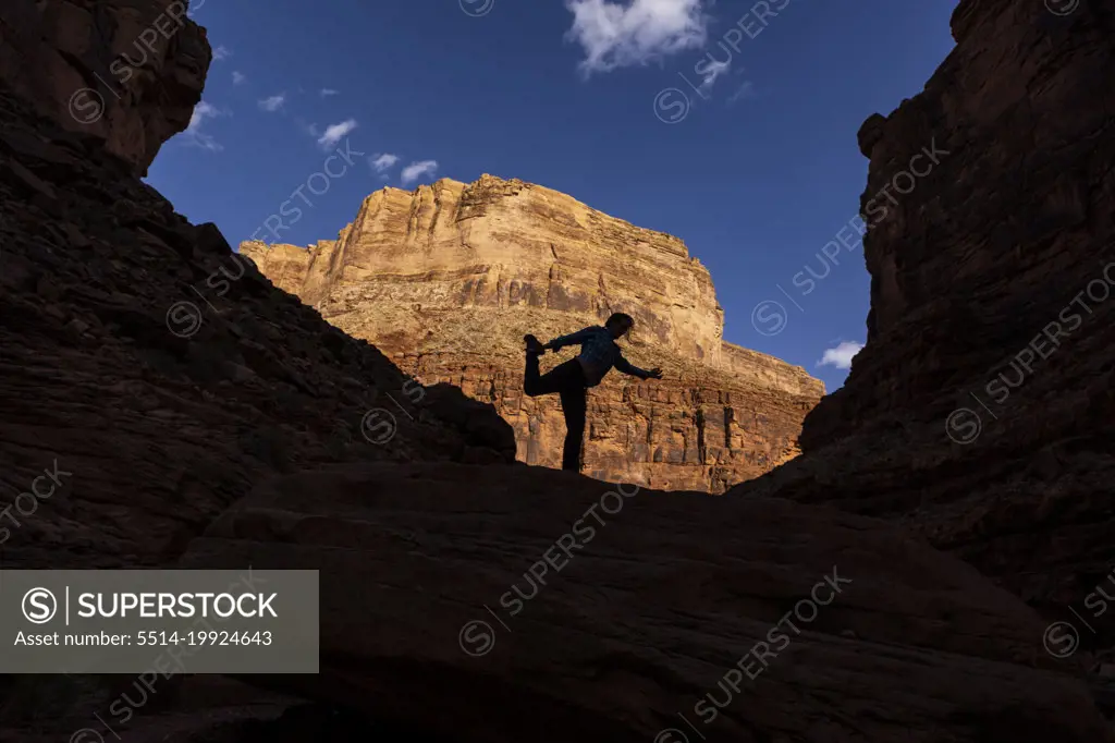 A woman doing a yoga pose in the Grand Canyon.