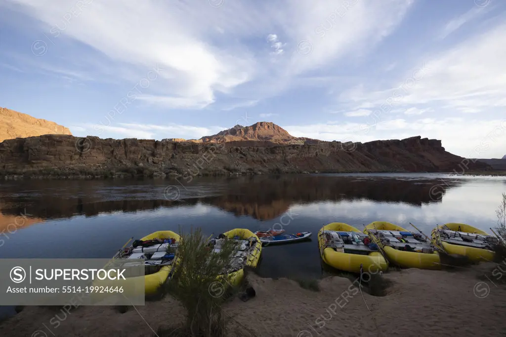 A row of rafts beached in the Grand Canyon