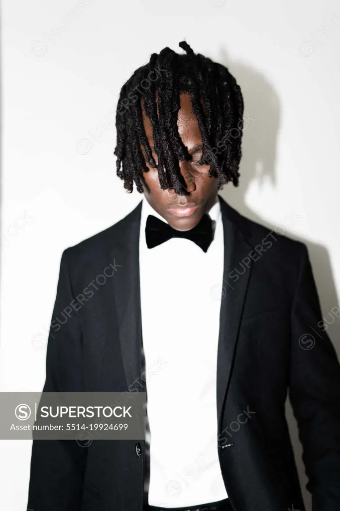 Portrait of the black man with dreadlocks wearing a suit