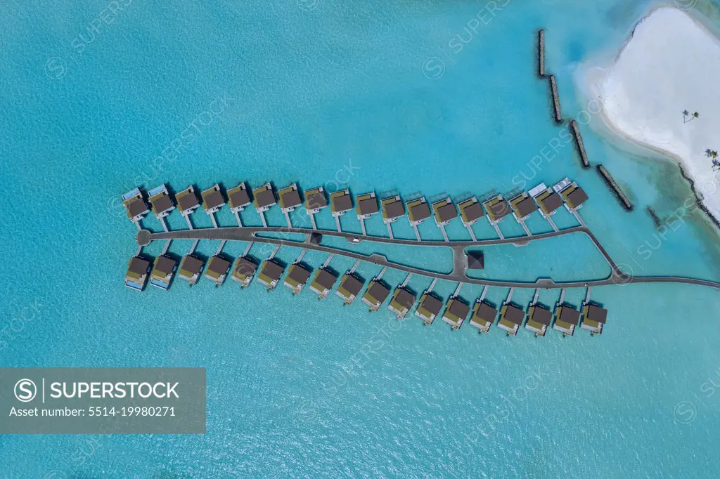 Aerial view of water bungalows, Maldives