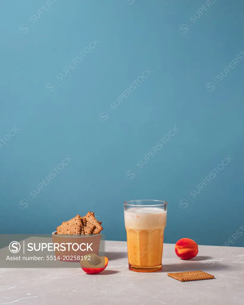 Healthy breakfast with yogurt and cookies . Minimal concept.