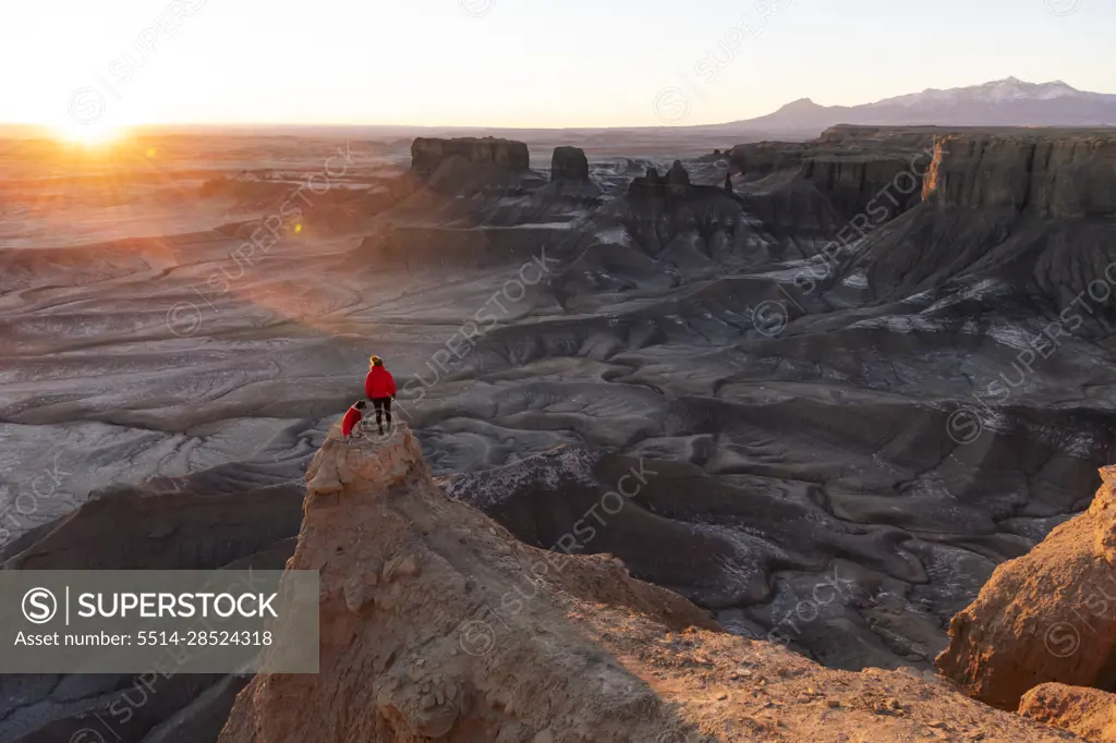 Woman with dog looking at view in desert during sunset