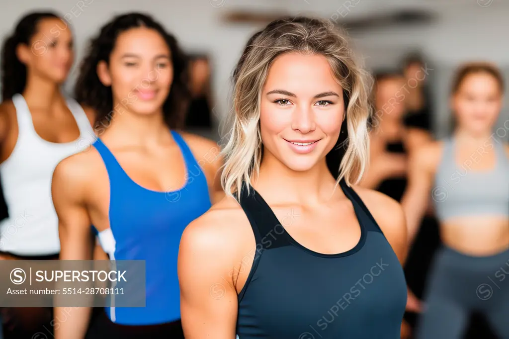 Women exercising in yoga class at gym. Generative AI