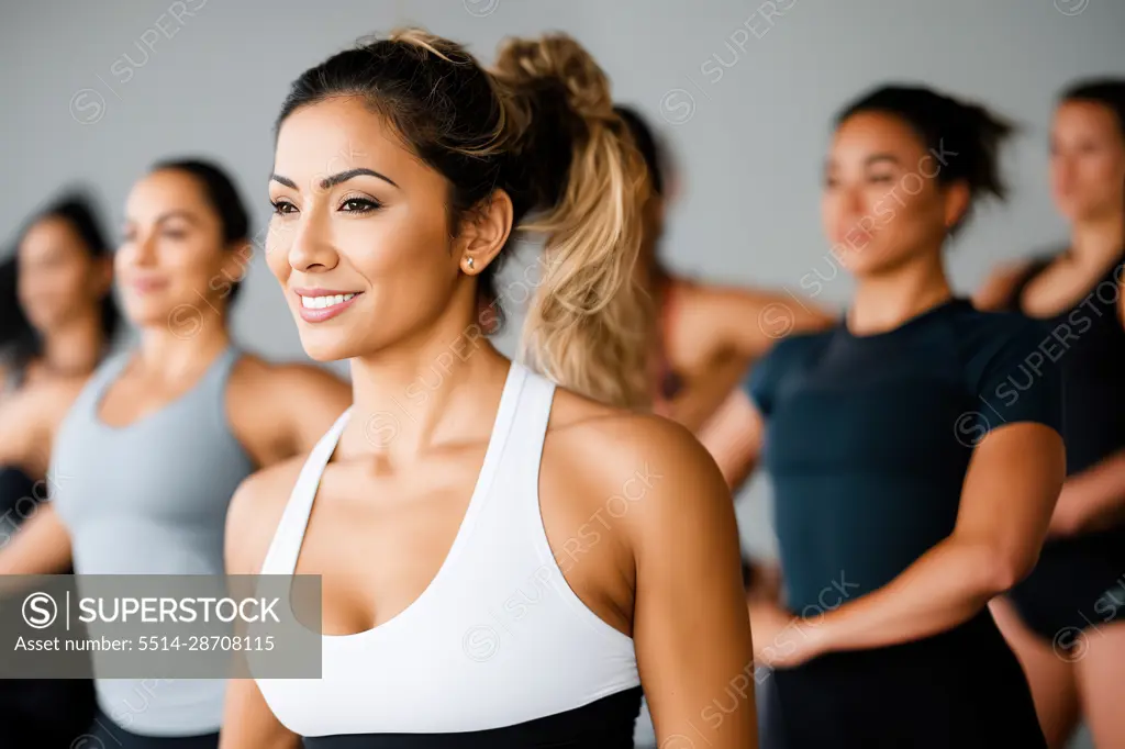 Women exercising in yoga class at gym.  Generative AI