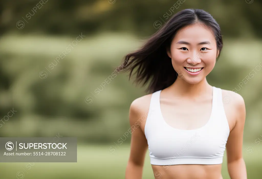 Portrait Asian sporty woman training outdoors. Generative AI