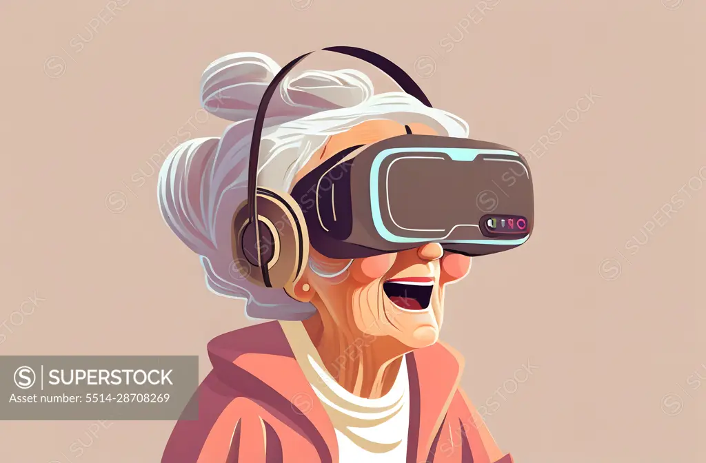 Happy old woman in VR headset or 3d glasses. Retirement. AI Generative