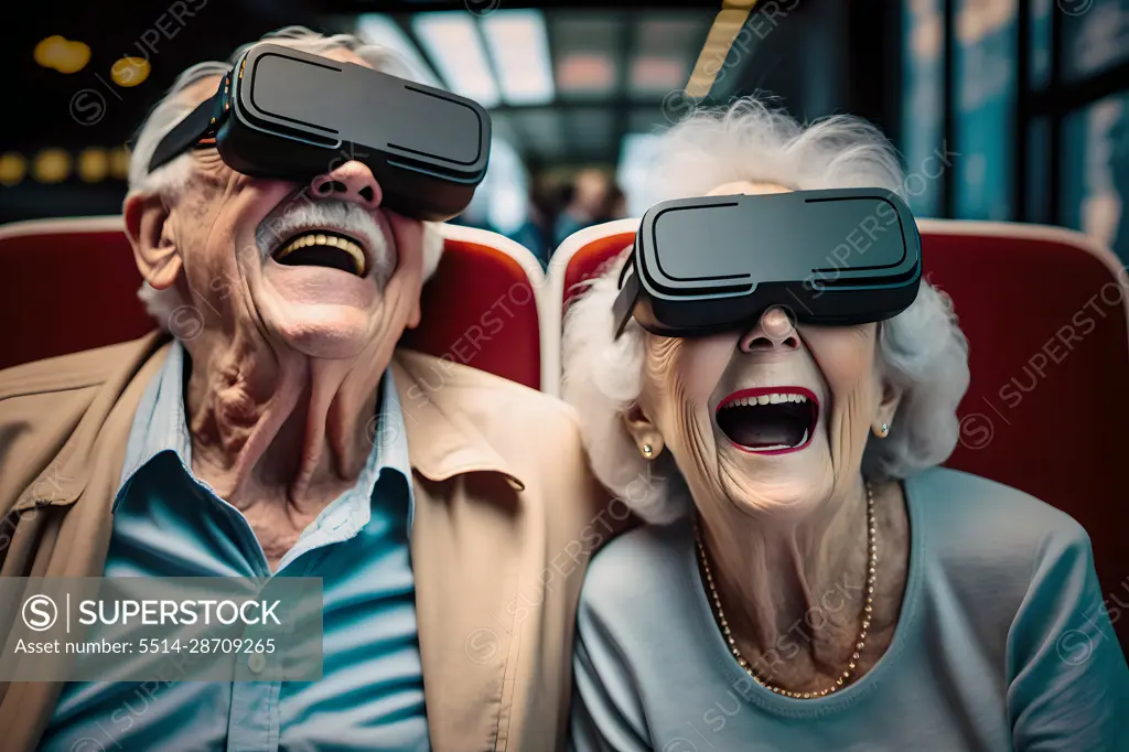 old couple in VR glasses at virtual reality cinema. ai generated