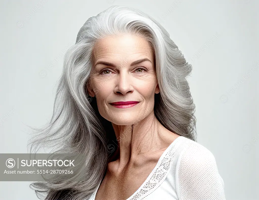 portrait of beautiful mature woman, long grey hair. Generative AI