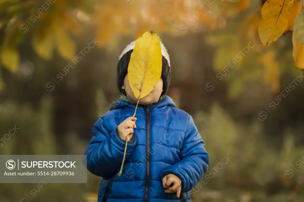 Portrait of a small boy in garden in blue jacket covering face w