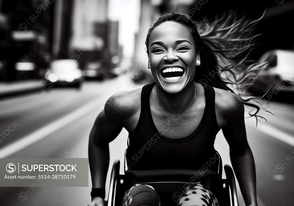 joyful athletic black athletic woman on a wheelchair Generative AI