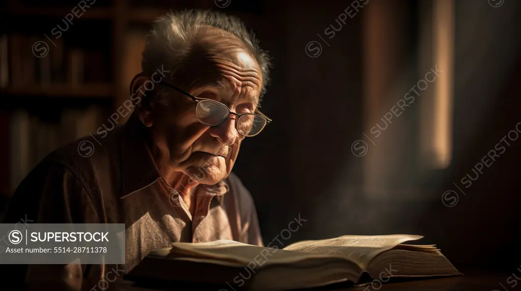 Image Generated AI. Elder man reading a book