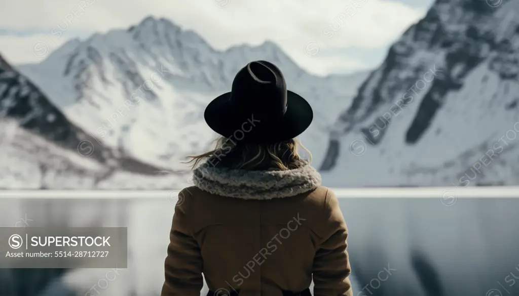 Image Generated AI. Woman in front snowy landscape