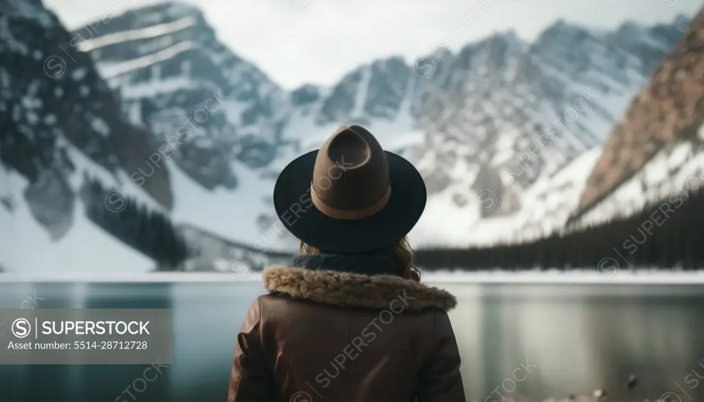 Image Generated AI. Woman stands front a lake and mountains