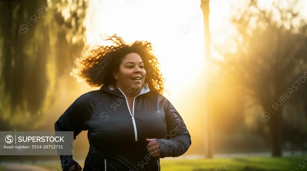 Image Generated AI. Plus-size afroamerican woman running in the park