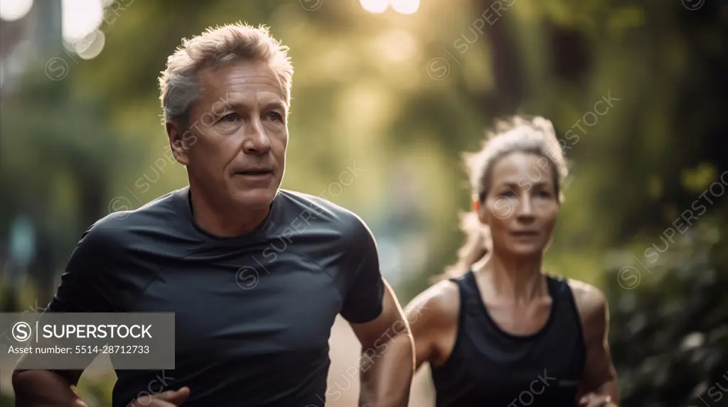 Image Generated AI. Middle aged couple running in the park