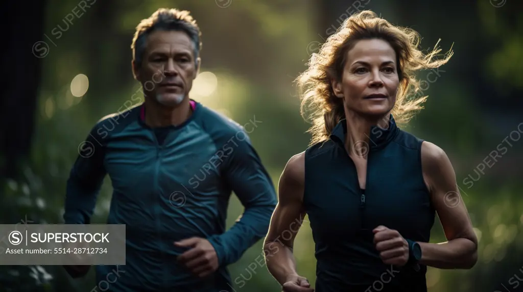 Image Generated AI. Mid age couple running in the park