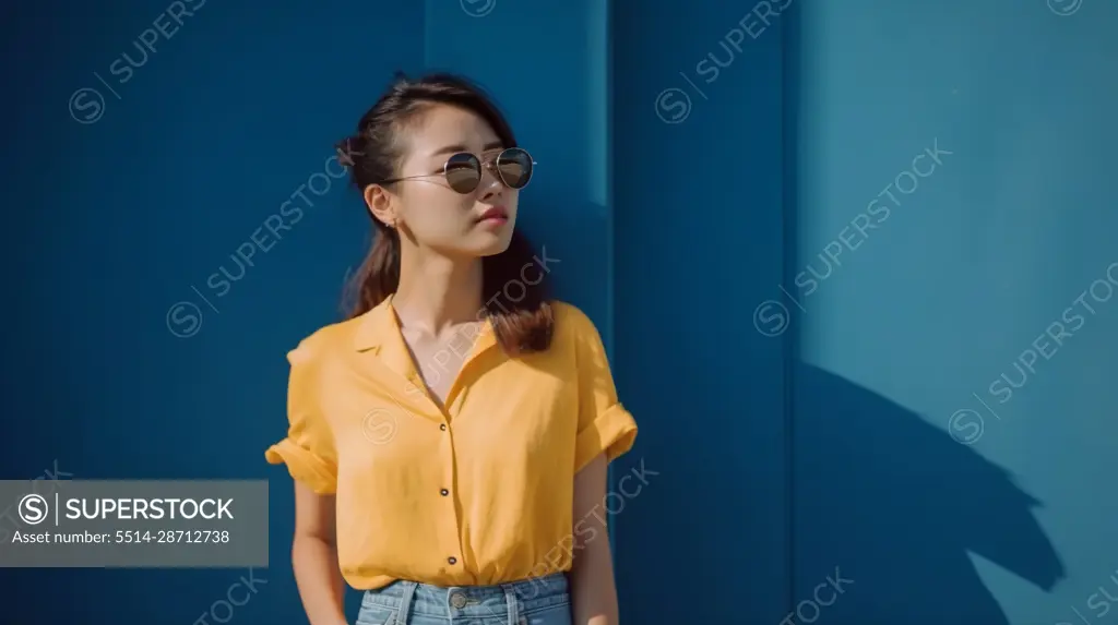 Image Generated AI. Portrait of an asian woman against a blue wall