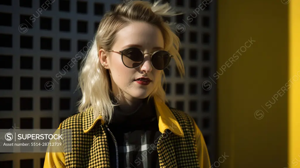 Image Generated AI. Portrait of a blonde woman in trendy color clothes