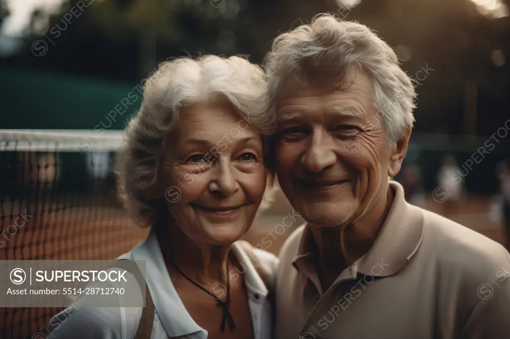 Image Generated AI. Portrait of a senior couple in a tennis court