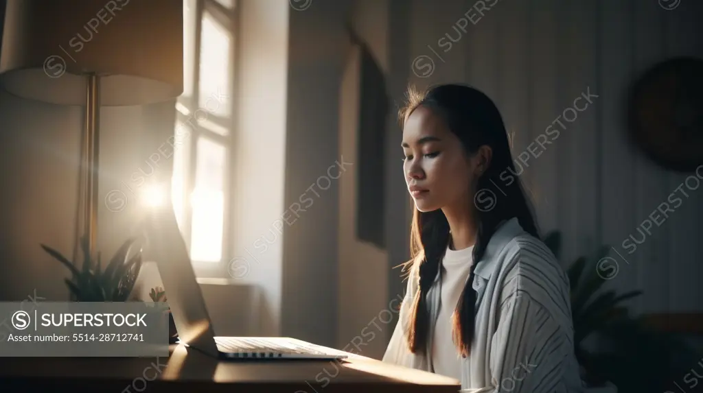 Image Generated AI. Young female studying on computer