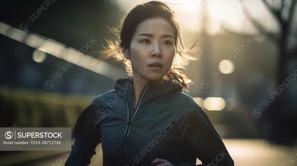 Image Generated AI. Asian female running on the street in the morning