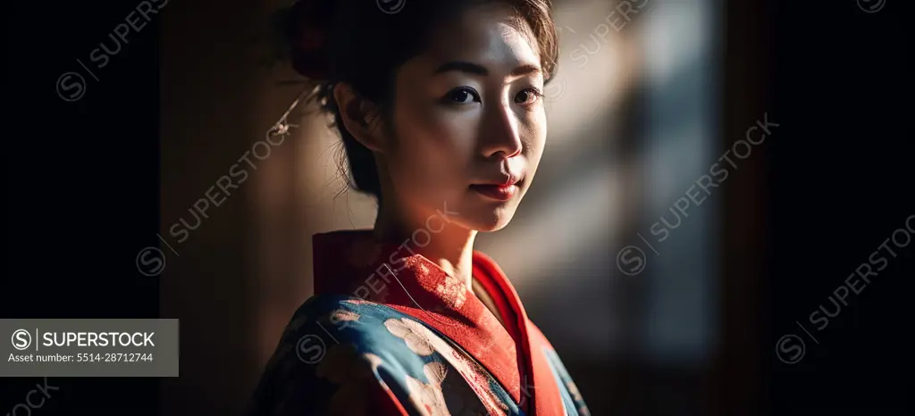 Image Generated AI. Portrait of a Japanese woman on  kimono