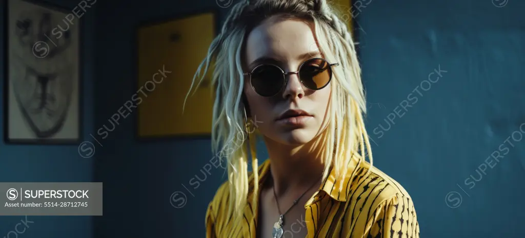 Image Generated AI. Blonde woman with dreadlocks in a blue room