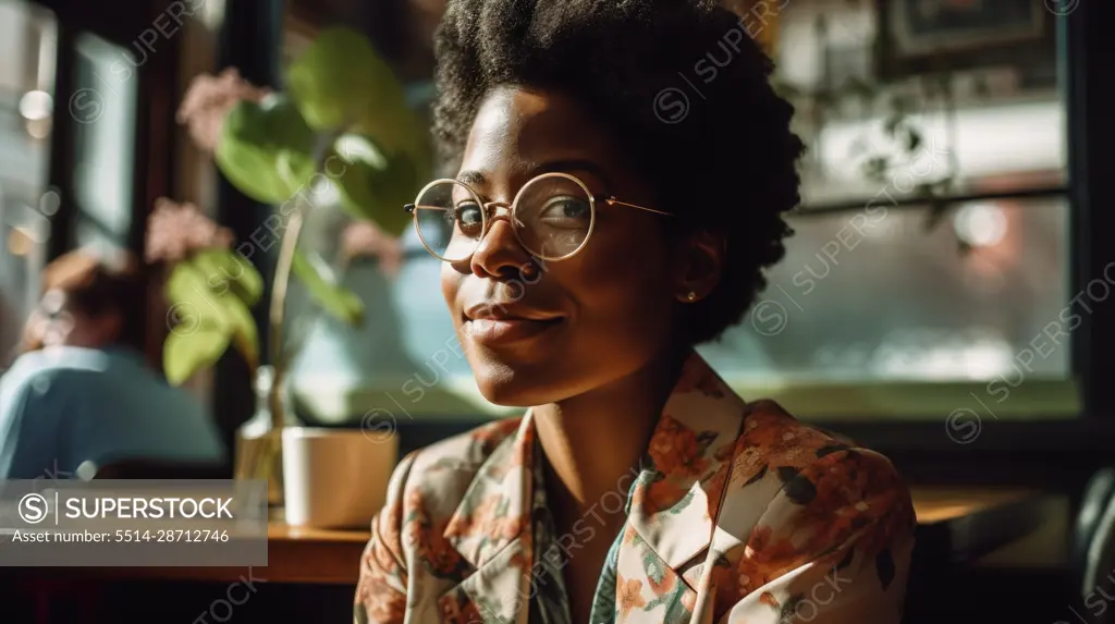 Image Generated AI. Afro woman on flowery jacket smiling