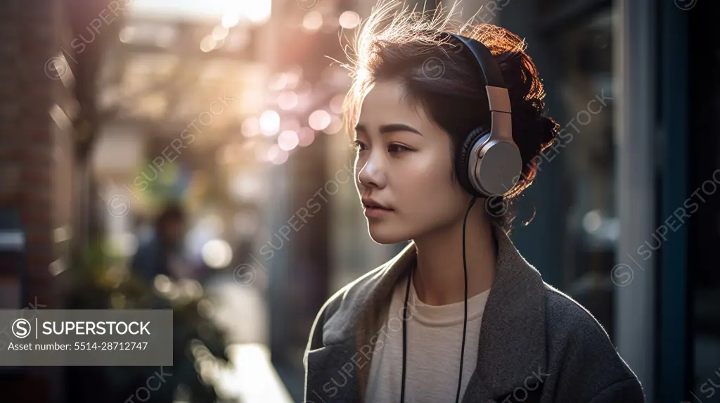 Image Generated AI. Asian female walking on the street on headphones