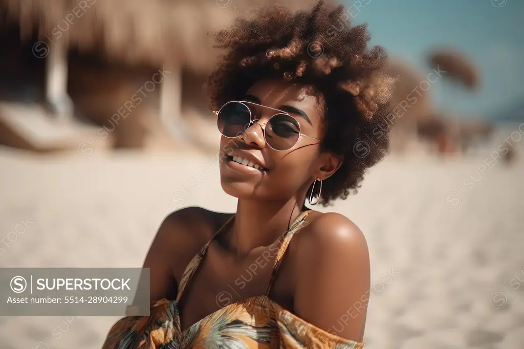 Smiling Afro woman with sunglasses posing on the beach. AI Generative