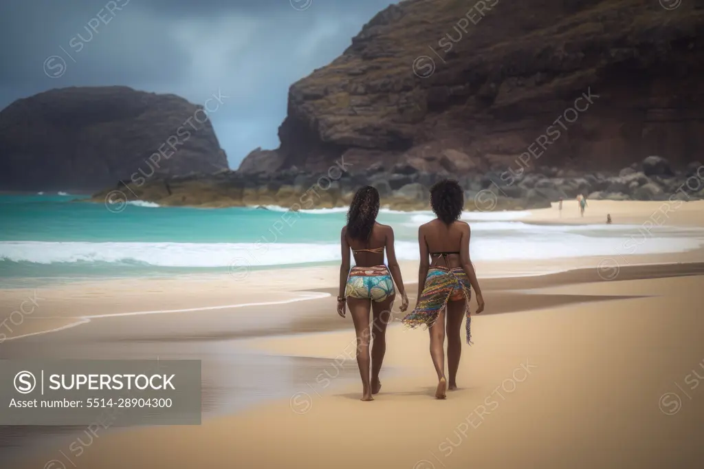 Two Afro women in bikinis walking along the seashore.AI Generative