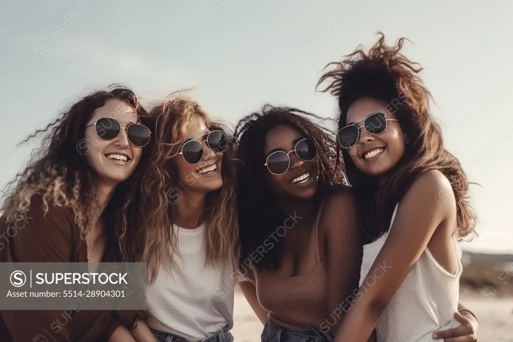 Smiling young women posing on the beach AI Generative