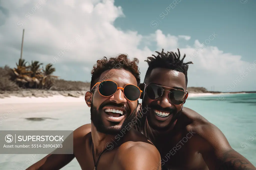 Smiling homosexual multiethnic couple on the beach. AI Generative