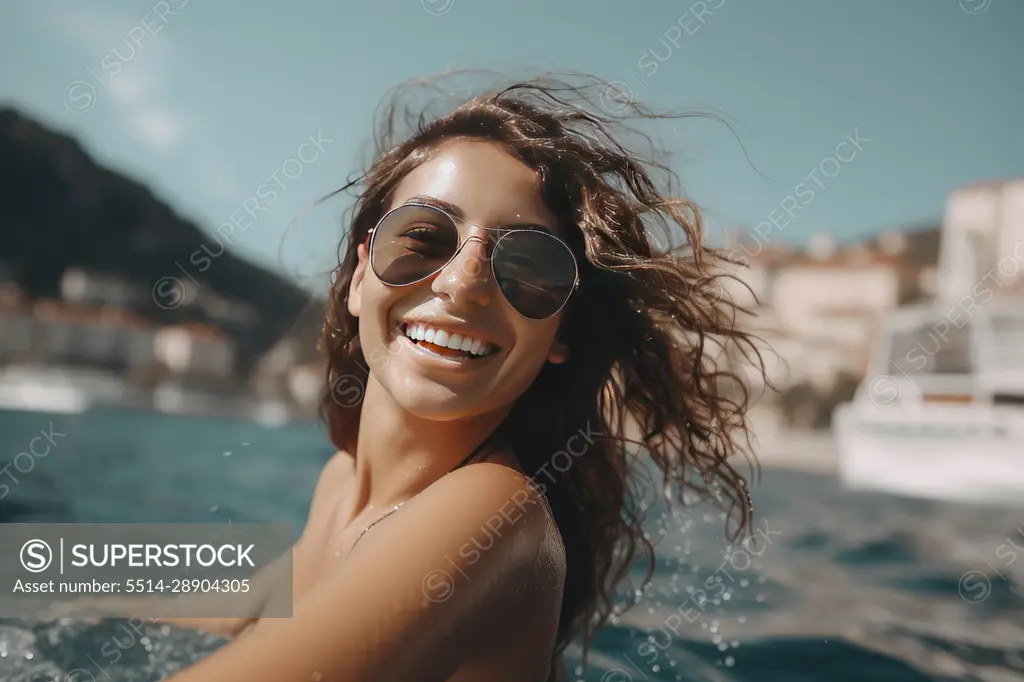 Smiling young girl, sunglasses in water at beach. AI Generative